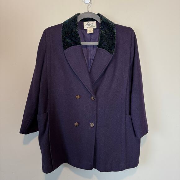 EUC Vtg 80s 90s Andrea Marin Purple Wool Coat Velvet Paisley Shawl Collar L/XL - Picture 2 of 9